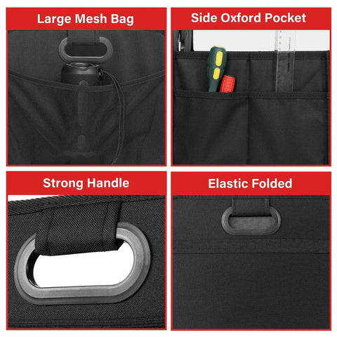 Trunk Organizer For Car SUV And Truck Collapsible Road Trip Ready Storage Box 50L Capacity Waterproof 600D Oxford Polyester showing mesh bag, Oxford pocket, handle, elastic fold