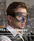 Man wearing All Day Comfort Full Face Safety Goggles with Detachable Lower Shield and Anti Fog Lens over prescription glasses