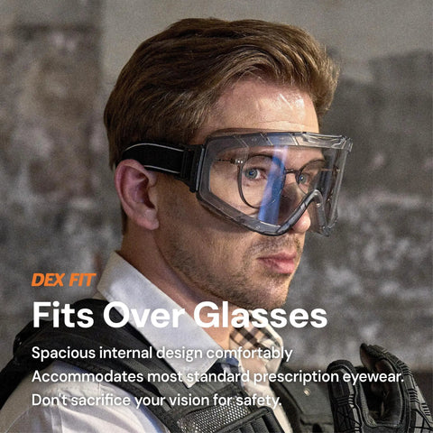 Man wearing All Day Comfort Full Face Safety Goggles with Detachable Lower Shield and Anti Fog Lens over prescription glasses