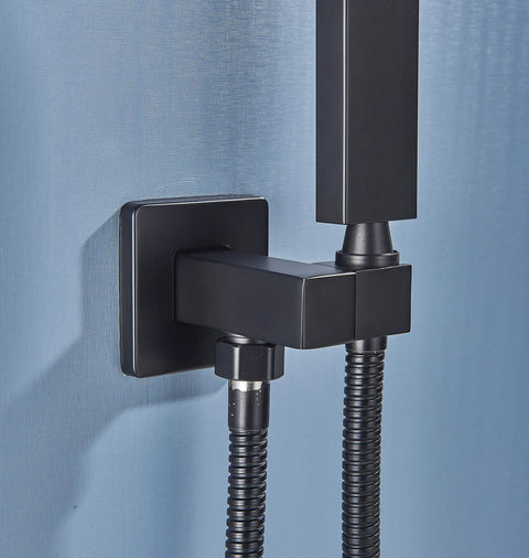 Wall mounted connection for LED Shower System With 16 Inch Rain Shower Head And Handheld, high pressure brass and stainless fixture, black finish.