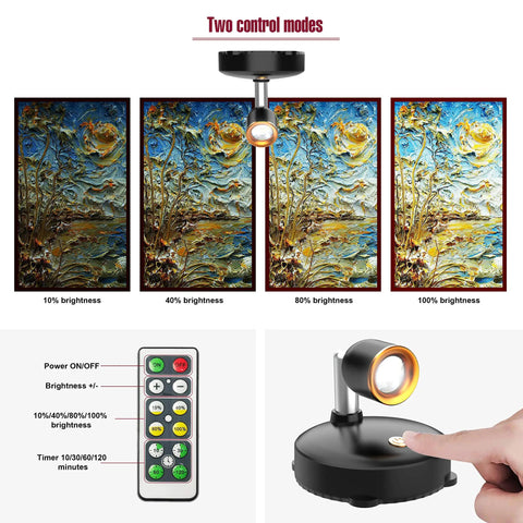 Two Pack Cordless LED Spotlight With Rotatable Heads For Indoor Art Paintings Dartboard And Bedroom Displays Battery Operated Picture And Accent Lights Remote Or Manual Power Easy Install showing brightness levels and remote control