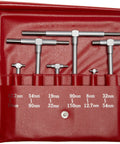 Front view of Mitutoyo six-piece telescoping gage set in red leather case; silver steel T-handle gauges, 8–150 mm range.