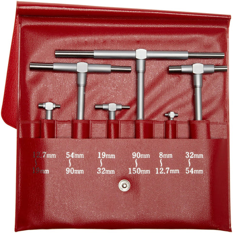 Front view of Mitutoyo six-piece telescoping gage set in red leather case; silver steel T-handle gauges, 8–150 mm range.