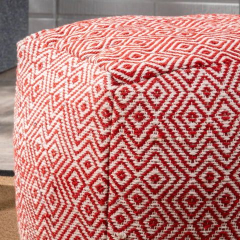 Alston Outdoor Modern Boho Pouf Ivory With Red Pattern Handcrafted Woven Concentric Diamond Design Perfect For Patio Or Living Room Decor One Of A Kind Natural Variations Add Character And Texture