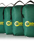 Four green Beefy Durable Water Resistant Lead Sled Weight Bags For Outdoor Range Sight In Shooting And Hunting, dual handles visible