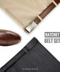 Men's Leather Ratchet Belt 2 Pack With Adjustable Fit And Removable Buckle 35mm Wide Slick Click System next to trousers