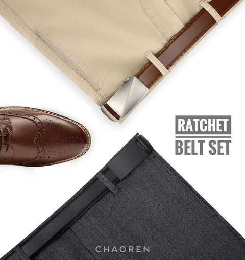 Men's Leather Ratchet Belt 2 Pack With Adjustable Fit And Removable Buckle 35mm Wide Slick Click System next to trousers