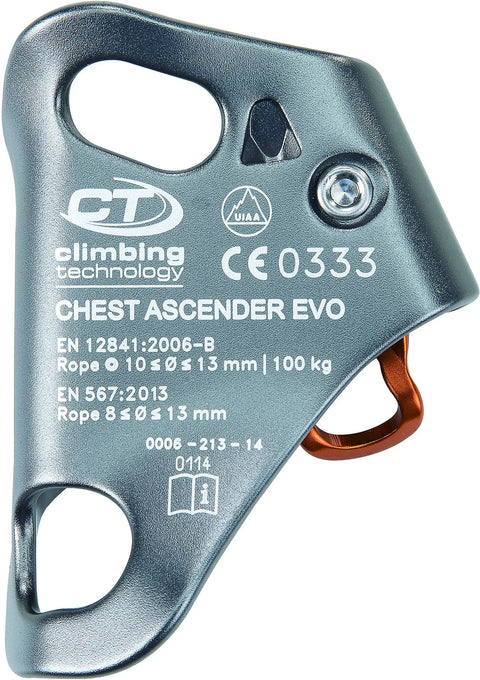 Chest Ascender EVO for climbing and rope access ergonomic chest rig close-up with specifications visible