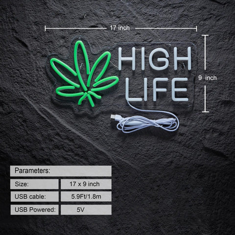 Dimmable LED Neon Sign For Marijuana And Cannabis Wall Decor With Flexible Silicone Light Strips For Home Bar Club Shop USB Powered 17 By 9 Inch Bright Ambient Glow displayed on black wall.