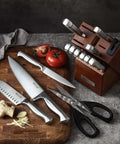 German Stainless Steel Kitchen Knife Set With Built In Sharpener In Self Sharpening Block displayed with food ingredients