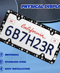 Personalized Stainless Steel Dog Paw License Plate Frame With Funny Design Weatherproof 6X12 Fit For Standard US Canada Plate Holder Includes Screws Durable Universal Mounting in black on blue background.