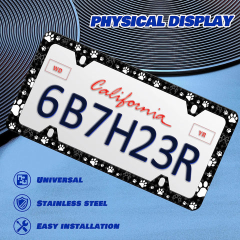 Personalized Stainless Steel Dog Paw License Plate Frame With Funny Design Weatherproof 6X12 Fit For Standard US Canada Plate Holder Includes Screws Durable Universal Mounting in black on blue background.