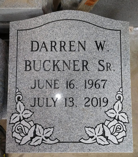 Granite Headstone Die And Base Set For Upright Cemetery Monument With Custom Engraving of name, dates, and rose design