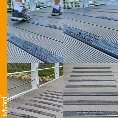 Close-up of stair treads 16x2 inch with screws down strip for safety on wet slippery stairs non slip foot grip antislip slip resistant decks