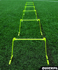 Adjustable Speed Hurdles Set Of 6 For Agility And Plyometrics on field, neon green, showing quick click system, three heights visible