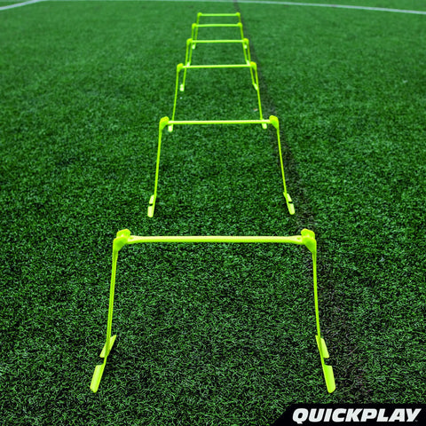 Adjustable Speed Hurdles Set Of 6 For Agility And Plyometrics on field, neon green, showing quick click system, three heights visible