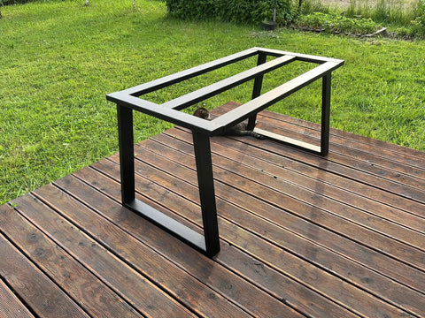 Beefy Heavy Duty Metal Table Frame For Granite Or Glass Tops on wooden deck, industrial style, 700 lb capacity, 28 inch height