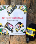 Totally Rad Toddler Counting Book Featuring Ten Noisy Rickshaws And Hella Fun Indian Culture Educational Picture Book cover with rickshaw models.