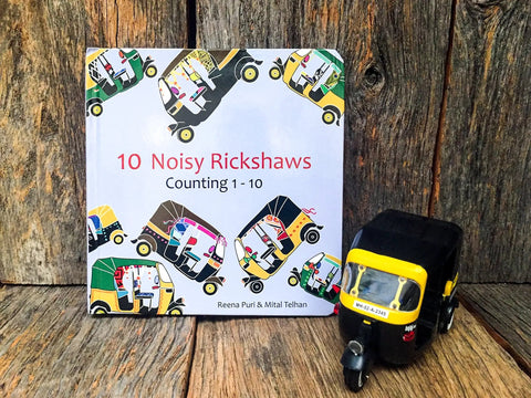 Totally Rad Toddler Counting Book Featuring Ten Noisy Rickshaws And Hella Fun Indian Culture Educational Picture Book cover with rickshaw models.