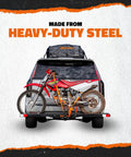 Anti-Tilt Motorcycle Hitch Carrier With 73 Inch Ramp And 47 Inch Dirt Bike Loading Ramp For Fat Tire E-Bikes Fits 2 Inch Receivers Weatherproof Heavy Duty Steel with dirt bike loaded on SUV