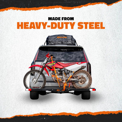 Anti-Tilt Motorcycle Hitch Carrier With 73 Inch Ramp And 47 Inch Dirt Bike Loading Ramp For Fat Tire E-Bikes Fits 2 Inch Receivers Weatherproof Heavy Duty Steel with dirt bike loaded on SUV