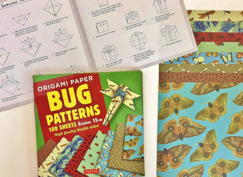 Bug Pattern Origami Paper Pack With 100 Sheets In 6 Inch Size 15 Cm Printed With 8 Different Bug Designs and project instructions.