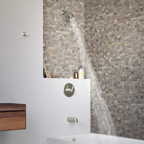 Bathroom with Single Handle Satin Nickel Tub And Shower Faucet Trim With 1 Spray Showerhead 1.5 GPM Flow Durable Brass Lever