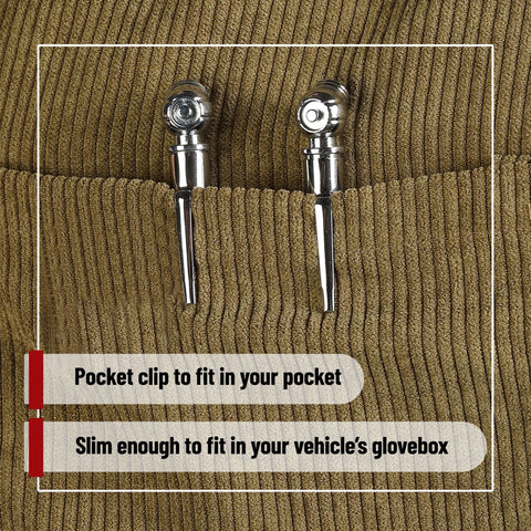 Two chrome UNCO pencil tire gauges with pocket clips, 2-pack, for car tires, 10–75 PSI.