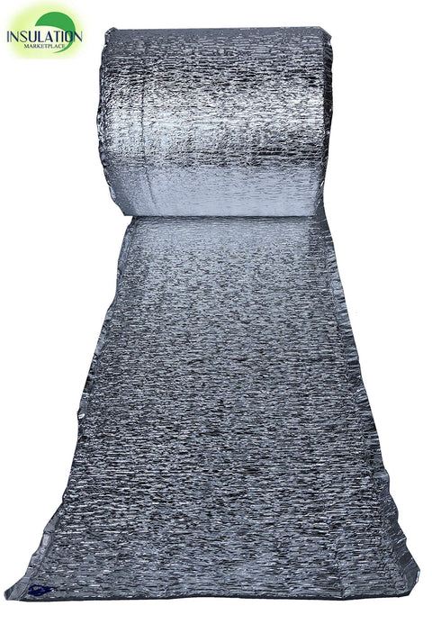 Reflective Insulation Roll 16 Inch By 50 Foot With 5mm Foam Core Radiant Barrier And Pure Aluminum Foil shown unrolled