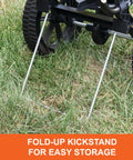 50 Lb Push Lawn And Garden Broadcast Spreader for seed and fertilizer, fold-up kickstand resting on grass, walk behind use.