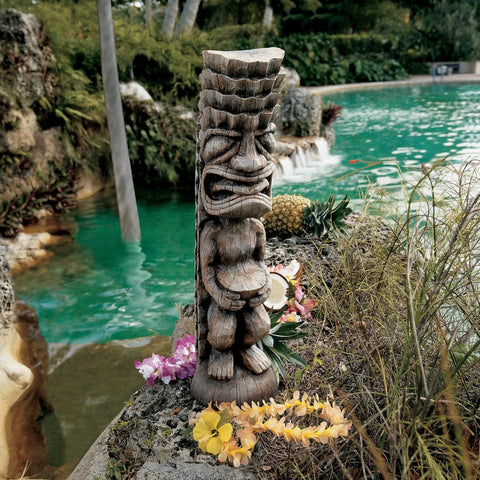Luau Tiki Totem Pole Statue For Indoor Outdoor Decor 23 Inch Cast Stone Resin Idol With Woodtone Finish Tropical Garden
