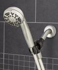 High Pressure Handheld Shower Head With Hose PowerPulse Massage 6 Modes Brushed Nickel Finish installed on shower wall