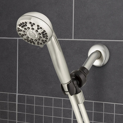 High Pressure Handheld Shower Head With Hose PowerPulse Massage 6 Modes Brushed Nickel Finish installed on shower wall