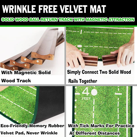 Indoor Putting Green Mat For Home Office And Outdoors With Automatic Ball Return Realistic 10 To 14 Yard Roll High Density Velvet Surface Durable Golf Practice Mat Gift For Golf Enthusiasts with solid wood track sections and eco-friendly rubber pad.
