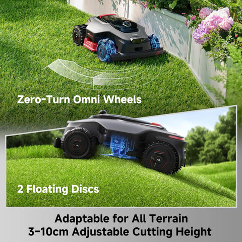 LiDAX Ultra 3000 All Terrain Robotic Lawn Mower with zero-turn omni wheels, 2 floating discs, adjustable cutting height on grass
