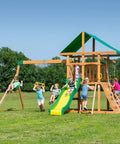 Cedar Wood Swing Set With Wave Slide And Elevated Play Deck, Double Rock Wall, Rope Ladder, Web Swing And Belt Swings in backyard