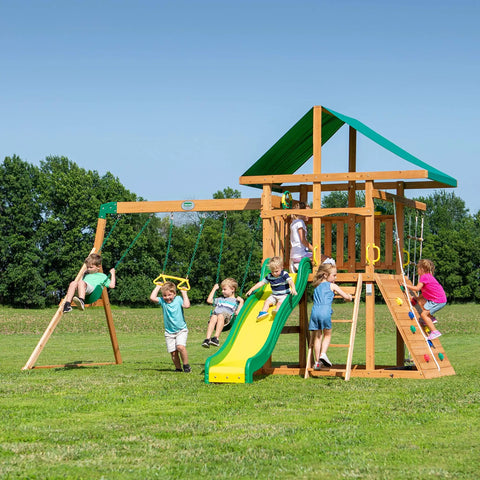 Cedar Wood Swing Set With Wave Slide And Elevated Play Deck, Double Rock Wall, Rope Ladder, Web Swing And Belt Swings in backyard