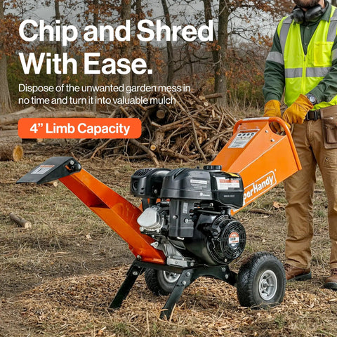 4-Inch Wood Chipper Shredder Mulcher, 9HP Gas-Powered Heavy Duty Chipping Machine in use by man, outdoors with leaves.