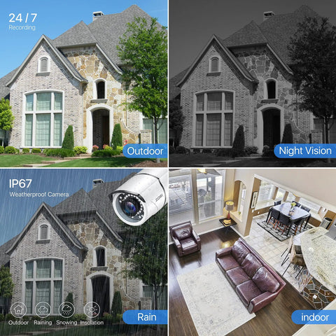 Collage showcasing 4 Pack 2MP 1080P HD TVI Security Cams Outdoor Indoor IP67 Weatherproof Bullet CCTV with night vision and wide view.