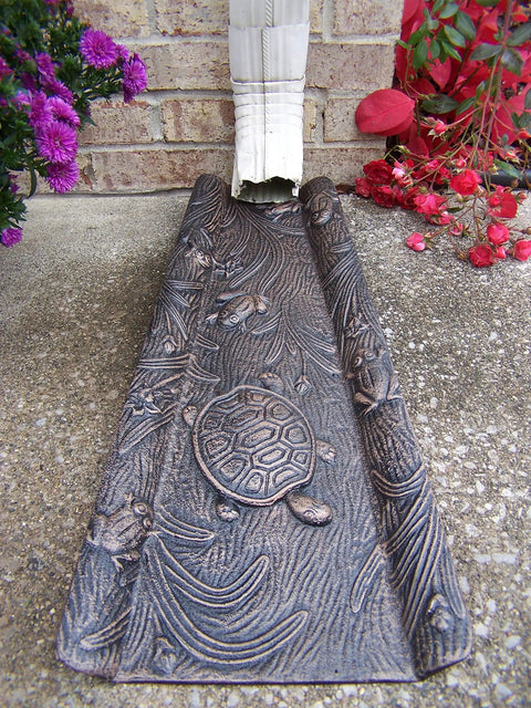 Cast Aluminum Splash Block In Antique Bronze, Rust Free Yard Drainage Block with turtle design under downspout