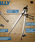 Precision Locking Woodworking Compass Draws Arcs From Two To Sixteen Inches With Quick Adjust Wingnut Includes Building Pencils And Sharpener on wooden surface.