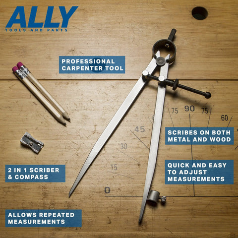 Precision Locking Woodworking Compass Draws Arcs From Two To Sixteen Inches With Quick Adjust Wingnut Includes Building Pencils And Sharpener on wooden surface.