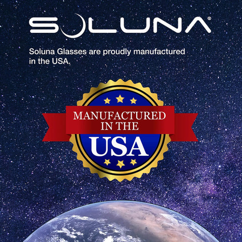 AAS Approved 2024 Solar Eclipse Glasses Made In The USA By NASA Approved Manufacturer badge and USA manufacturing logo over Earth image.