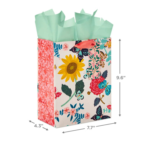 Nine Inch Medium Gift Bag With Tissue Paper Bright Flower Designs For Valentine Day Easter Birthdays Bridal Showers Weddings