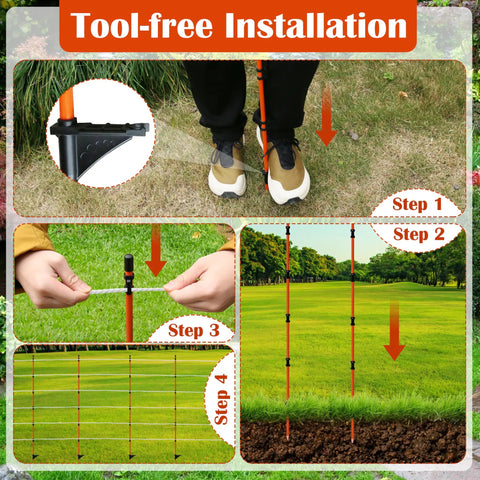 Tool-free installation of 45 Inch Fiberglass Step In Electric Fence Post Kit With 20 Temporary Stakes And Clips For Cows Sheep