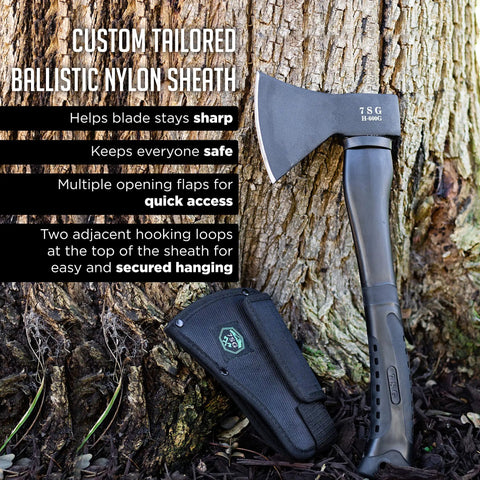 Throwing Axe For Camping And Bushcraft, Ultra Sharp Survival Hatchet With Sheath against tree trunk, tactical outdoor axe