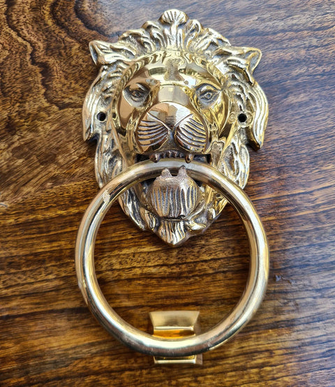 Vintage Brass Lion Door Knocker And Gate Pull With Solid Brass Finish Embossed Lion Mouth Design Traditional Door Accessory