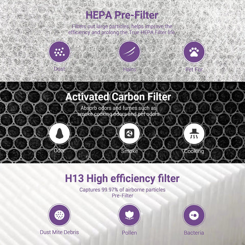 Diagram of 2 Pack HE400 Replacement Filter Kit For Home Air Purifier Upgrade With HE401 HE402 HE405 Carbon Plus True HEPA Pre Filters showing filtration stages