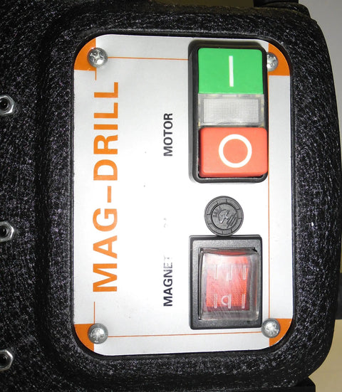 Close-up of controls on Heavy Duty Magnetic Drill Press That Is A Total Knockout With Six Piece Annular Cutter Set.