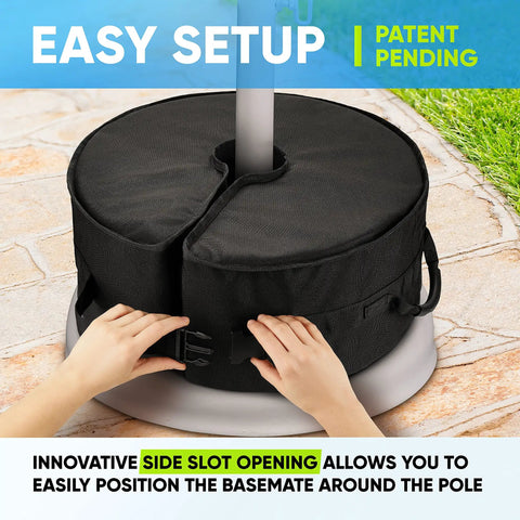 Heavy Duty 18 Inch Round Umbrella Base Weight With Side Slot Opening for easy setup around umbrella pole on patio